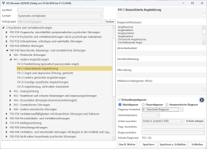 ICD-Browser in psychodat mit Diagnosebaum, Diagnosenthesaurus und Feldern zur Diagnosensicherheit sowie Scheinzuordnung.
