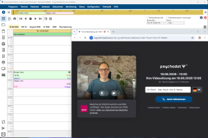 Videositzung in psychodat über MeetOne mit Kamerabild des Behandlers und Beitrittsseite für die Videosprechstunde.